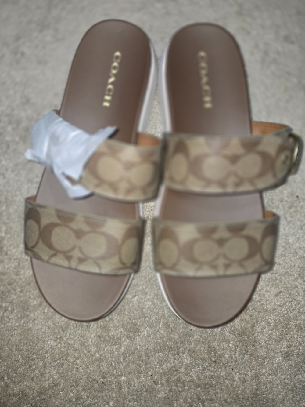 COACH Beige Signature Double-Strap Slide Sandals
